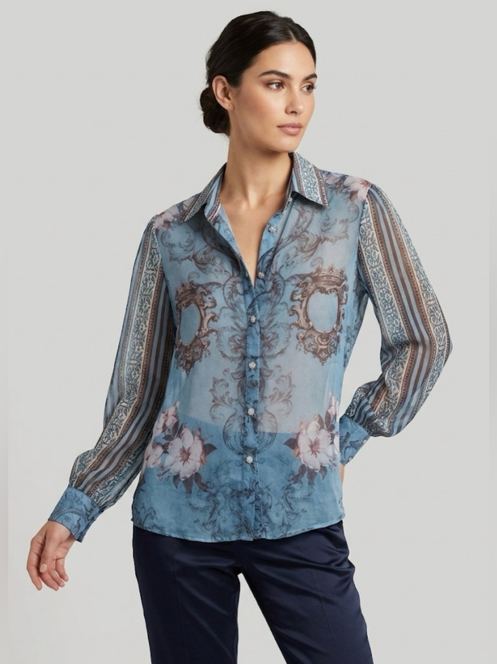 Balboa | Blue Printed Sheer Button-Down Shirt | S
